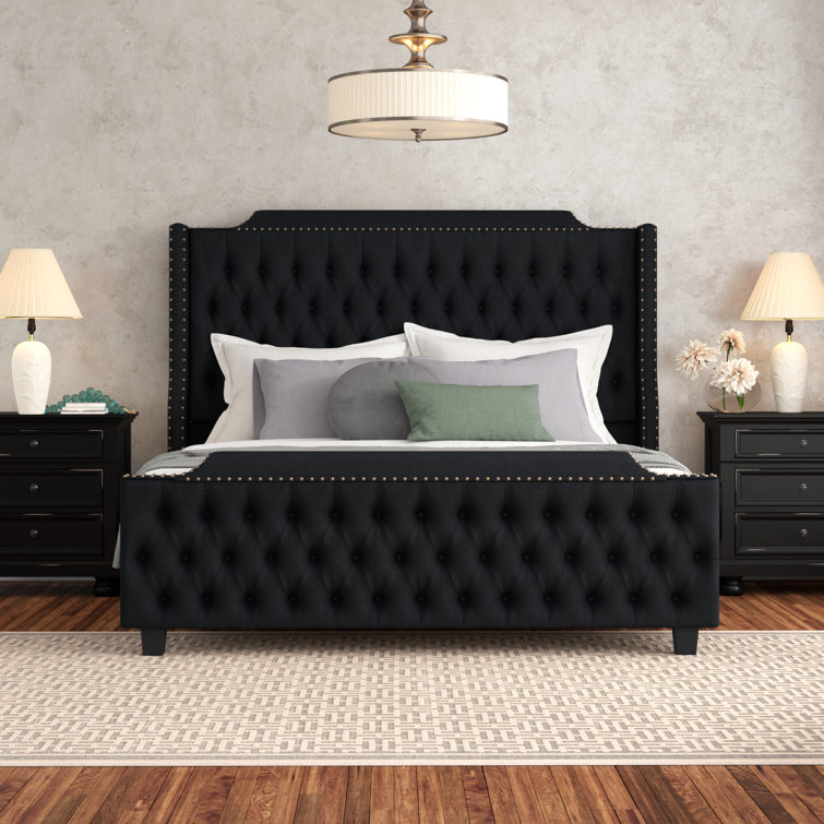 Lark Manor Arcella Velvet Upholstered Wingback Bed with Button Tuft